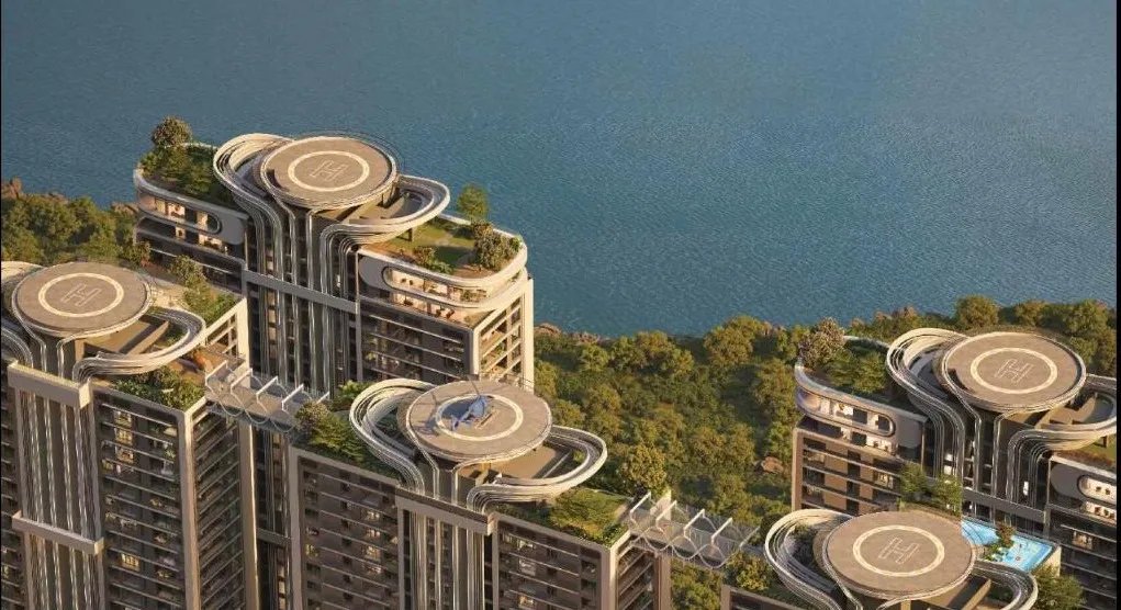One by MSN Sky Park on the tower crowns above Osman Sagar lake — developer render