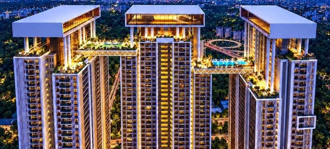 Aerial view of MSN Plot 6 tower crowns with rooftop sky pavilions, sky decks and pools, Neopolis, Kokapet (artist's impression)
